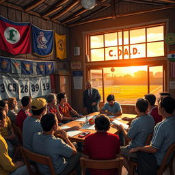 A vibrant and dynamic scene depicting a community meeting in a small village, where young men from two teams are enthusiastically discussing plans with a distinguished local president