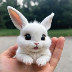 Tiny, white bunny Luna, with big doe-eyes full of excitement, holding a sparkling, magical seed delicately in her small paws.