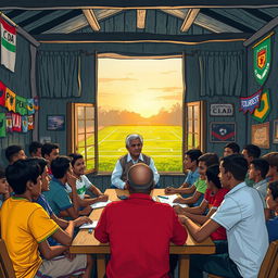 A vibrant and dynamic scene depicting a community meeting in a small village, where young men from two teams are enthusiastically discussing plans with a distinguished local president