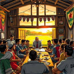 A vibrant and dynamic scene depicting a community meeting in a small village, where young men from two teams are enthusiastically discussing plans with a distinguished local president