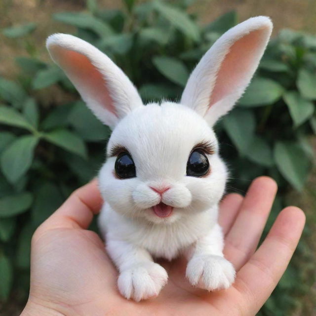 Tiny, white bunny Luna, with big doe-eyes full of excitement, holding a sparkling, magical seed delicately in her small paws.