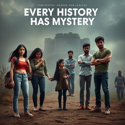 A cinematic horror comedy poster titled 'Every History Has Mystery'