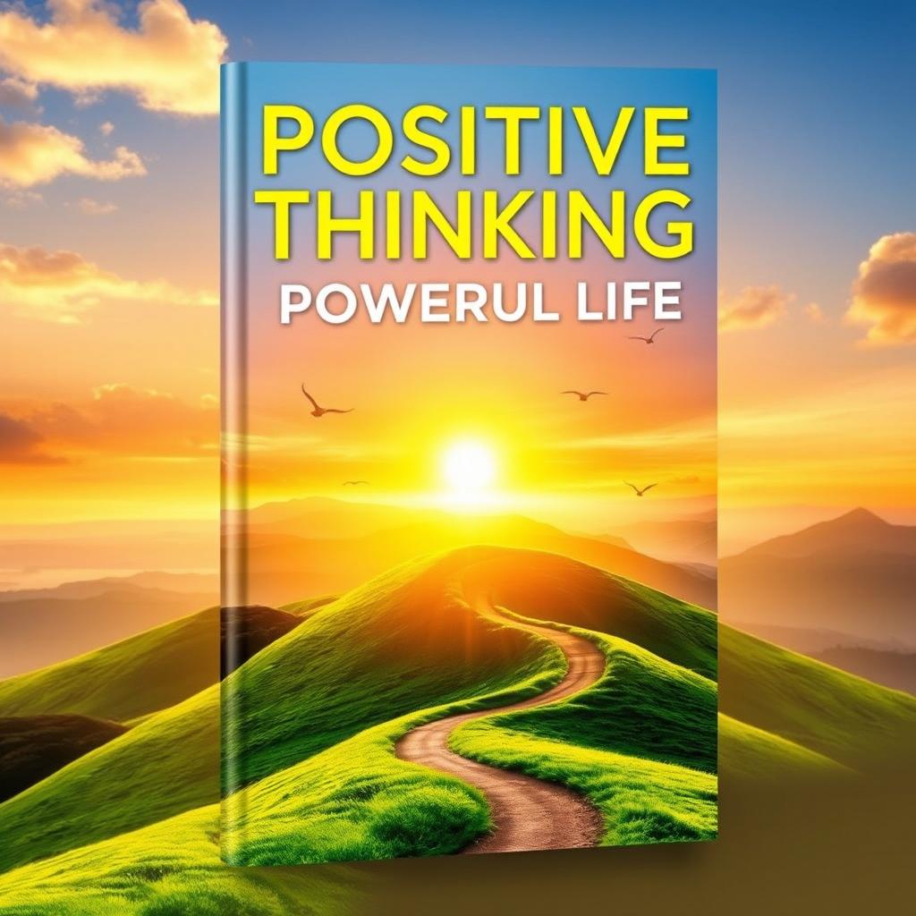 A stunning book cover for 'Positive Thinking for a Powerful Life', featuring an uplifting landscape scene with a sunrise casting warm golden light over lush green hills