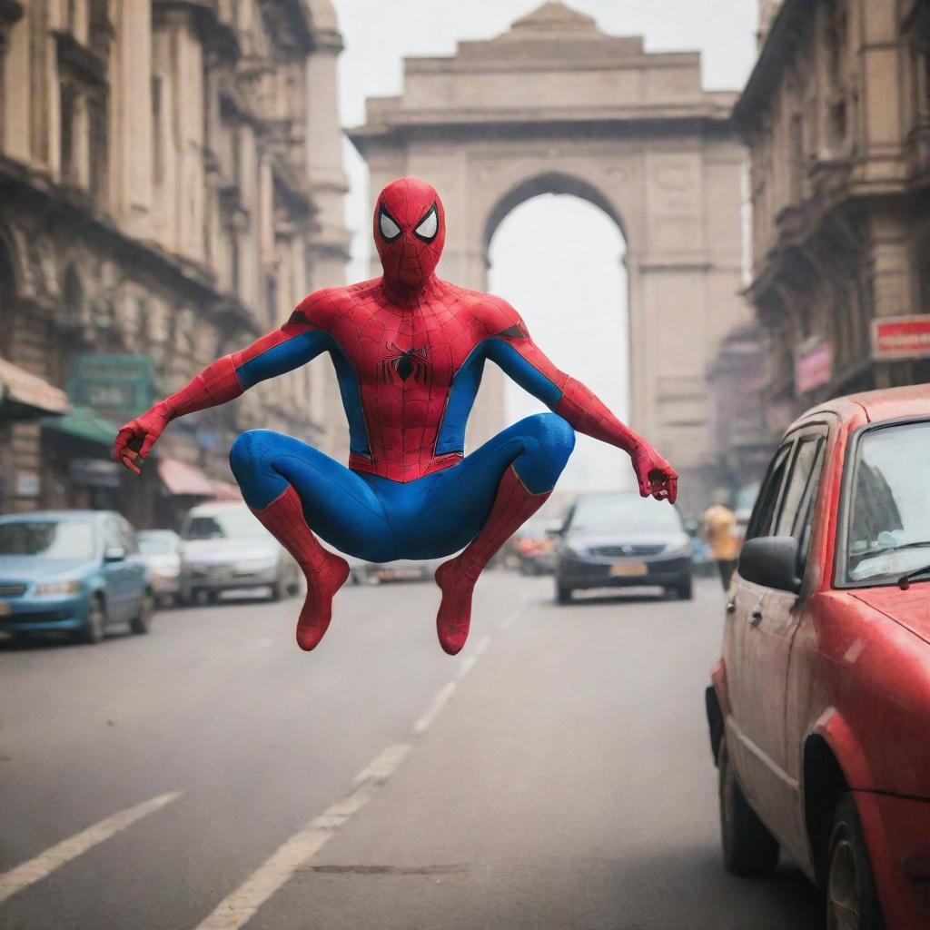 Spiderman swinging through the bustling streets of Mumbai. India's iconic landmarks: the Gateway of India, Taj Mahal, and auto-rickshaws zipping around.