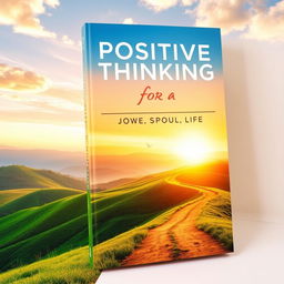 A stunning book cover for 'Positive Thinking for a Powerful Life', featuring an uplifting landscape scene with a sunrise casting warm golden light over lush green hills