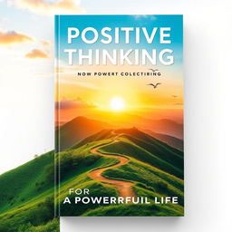 A stunning book cover for 'Positive Thinking for a Powerful Life', featuring an uplifting landscape scene with a sunrise casting warm golden light over lush green hills