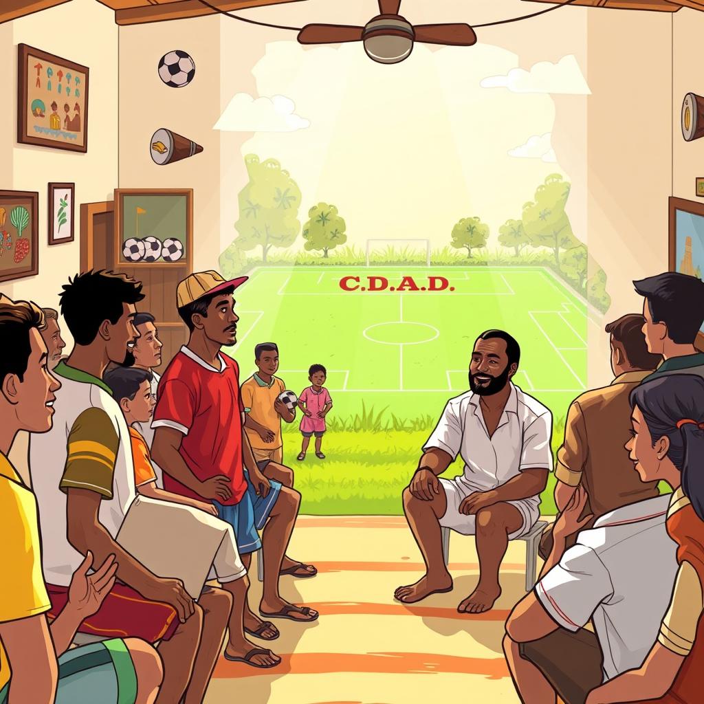 A lively illustration capturing the moment of a village meeting where young men from two sports teams are engaging with a wise and approachable president to discuss the establishment of a community football club