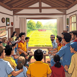 A lively illustration capturing the moment of a village meeting where young men from two sports teams are engaging with a wise and approachable president to discuss the establishment of a community football club