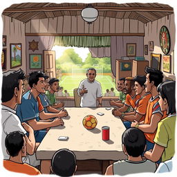 A lively illustration capturing the moment of a village meeting where young men from two sports teams are engaging with a wise and approachable president to discuss the establishment of a community football club