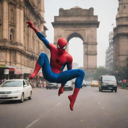 Spiderman swinging through the bustling streets of Mumbai. India's iconic landmarks: the Gateway of India, Taj Mahal, and auto-rickshaws zipping around.