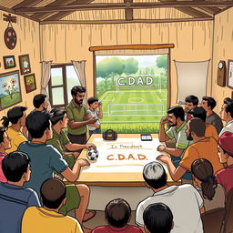 A lively illustration capturing the moment of a village meeting where young men from two sports teams are engaging with a wise and approachable president to discuss the establishment of a community football club