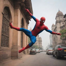 Spiderman swinging through the bustling streets of Mumbai. India's iconic landmarks: the Gateway of India, Taj Mahal, and auto-rickshaws zipping around.