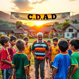 A vibrant scene depicting a community sports meeting outside in a picturesque village setting, with a diverse group of enthusiastic young boys from two different teams discussing with an older gentleman, the president, who looks engaged and supportive