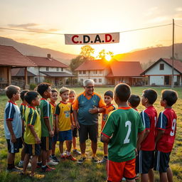 A vibrant scene depicting a community sports meeting outside in a picturesque village setting, with a diverse group of enthusiastic young boys from two different teams discussing with an older gentleman, the president, who looks engaged and supportive