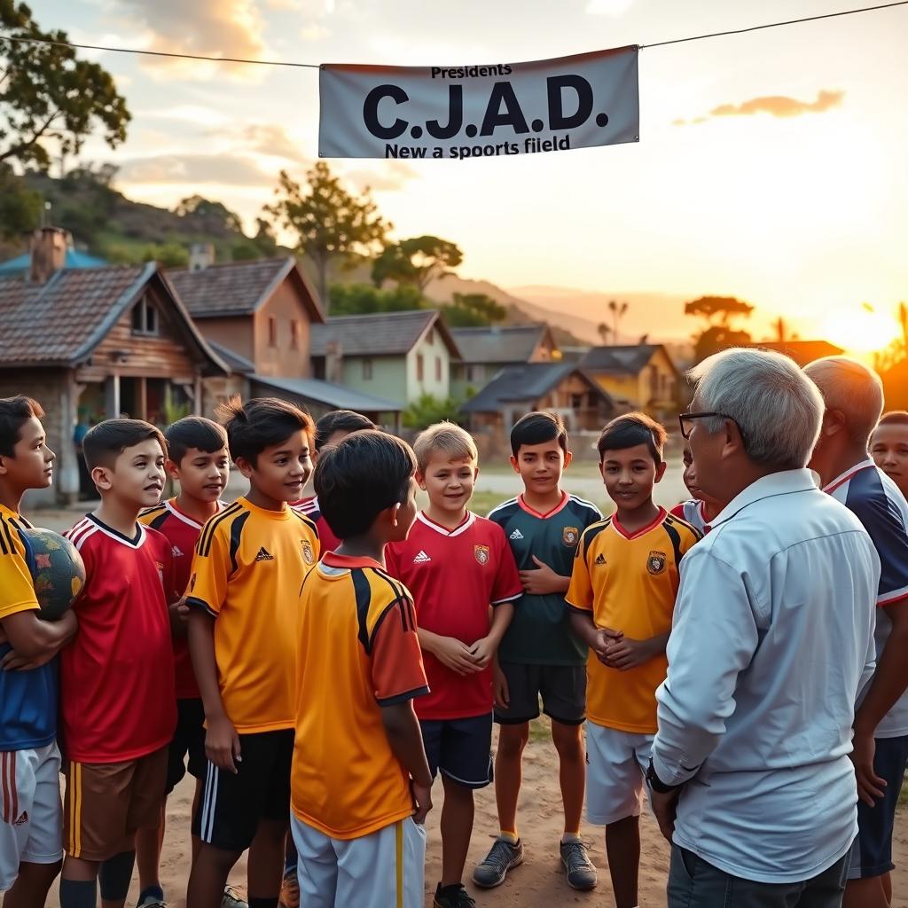 A vibrant scene depicting a community sports meeting outside in a picturesque village setting, with a diverse group of enthusiastic young boys from two different teams discussing with an older gentleman, the president, who looks engaged and supportive