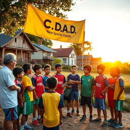 A vibrant scene depicting a community sports meeting outside in a picturesque village setting, with a diverse group of enthusiastic young boys from two different teams discussing with an older gentleman, the president, who looks engaged and supportive