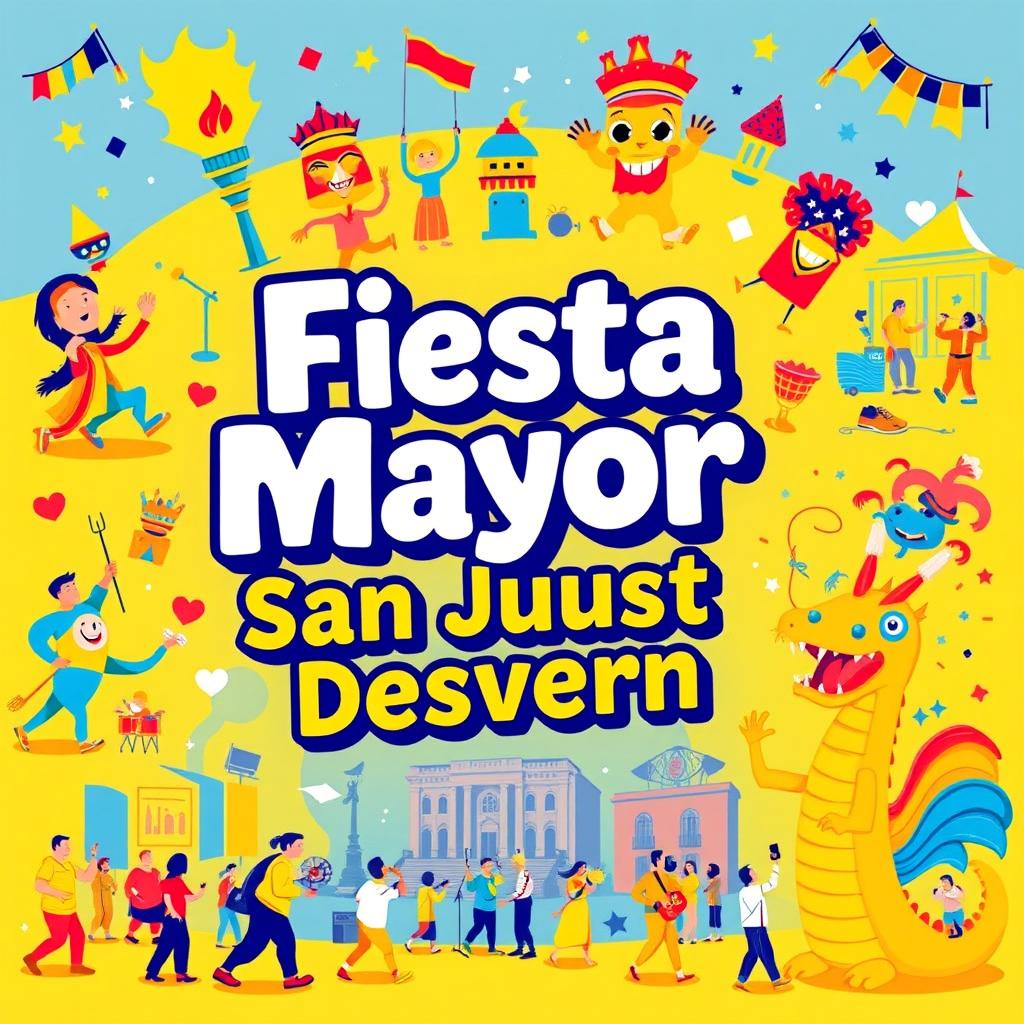 A vibrant and festive poster for the local festival 'Fiesta Mayor Sant Just Desvern', prominently featuring the main colors of yellow and blue