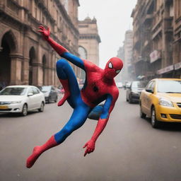 Spiderman swinging through the bustling streets of Mumbai. India's iconic landmarks: the Gateway of India, Taj Mahal, and auto-rickshaws zipping around.