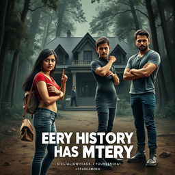 A cinematic horror comedy poster titled 'Every History Has Mystery'