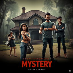 A cinematic horror comedy poster titled 'Every History Has Mystery'