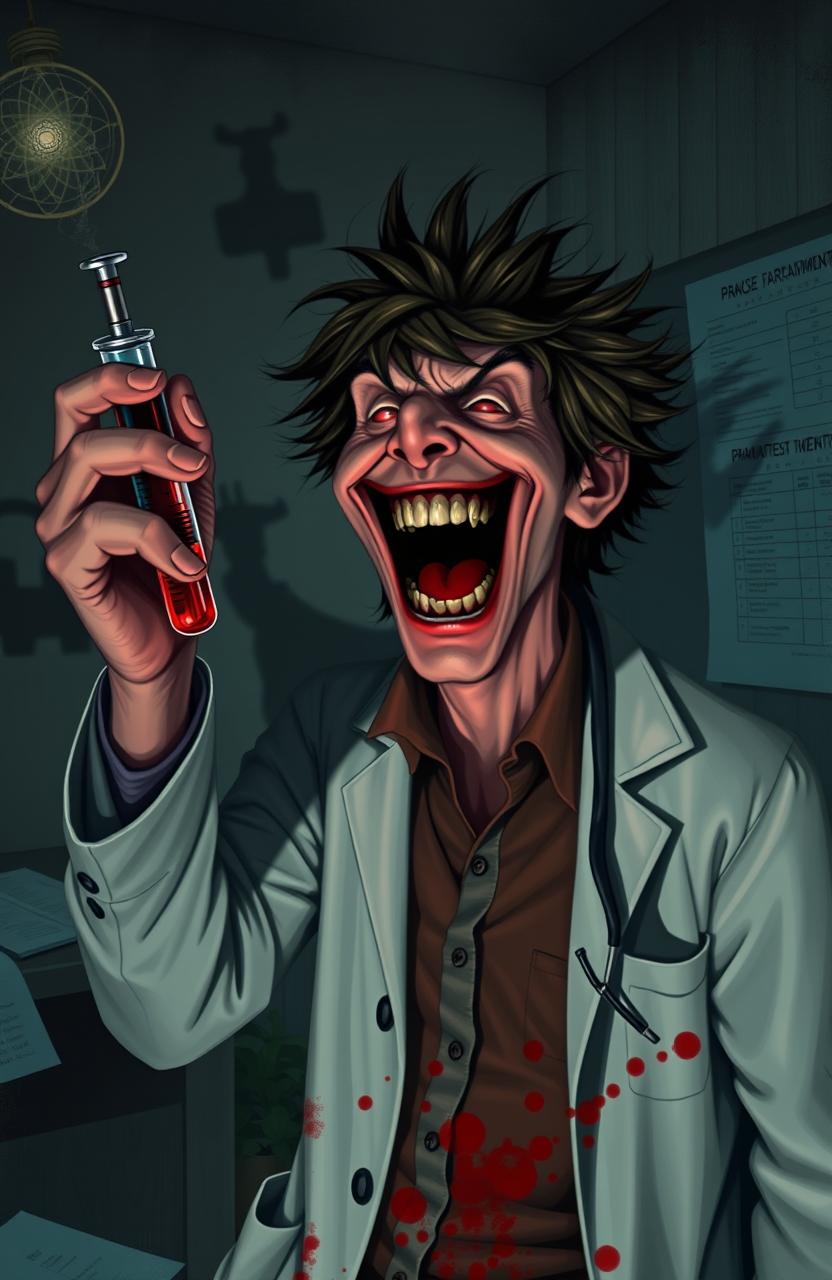 A darkly whimsical scene depicting a psychiatrist who appears to be mentally disturbed, laughing maniacally while holding a syringe filled with a deep red substance, suggestive of blood