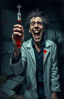 A darkly whimsical scene depicting a psychiatrist who appears to be mentally disturbed, laughing maniacally while holding a syringe filled with a deep red substance, suggestive of blood