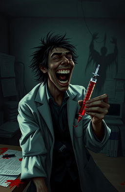 A darkly whimsical scene depicting a psychiatrist who appears to be mentally disturbed, laughing maniacally while holding a syringe filled with a deep red substance, suggestive of blood