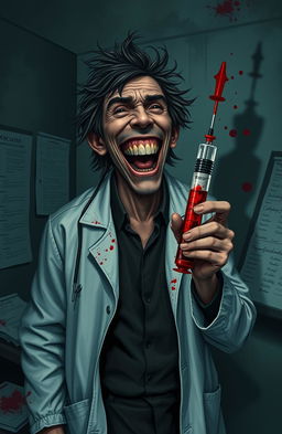 A darkly whimsical scene depicting a psychiatrist who appears to be mentally disturbed, laughing maniacally while holding a syringe filled with a deep red substance, suggestive of blood