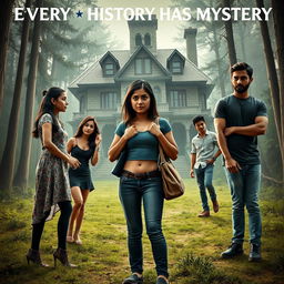 A cinematic horror comedy poster titled 'Every History Has Mystery'