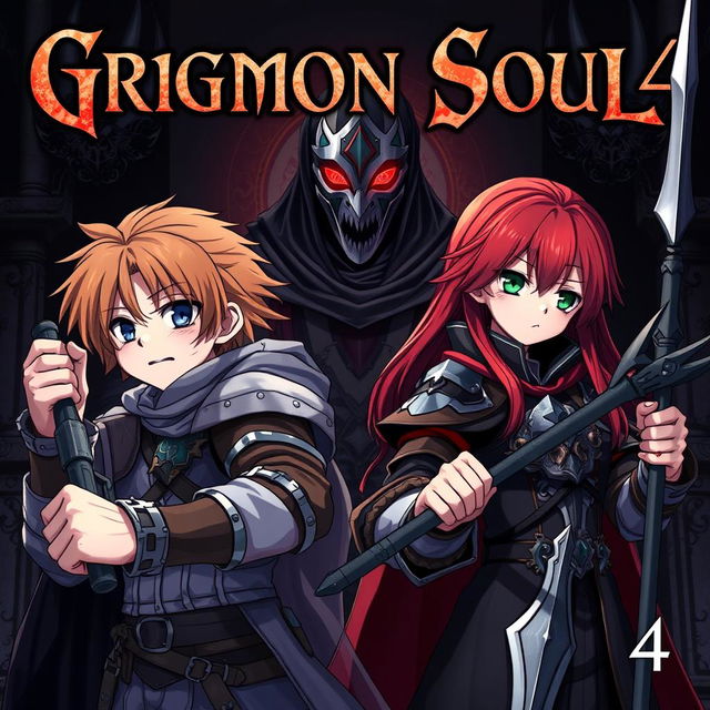 A dark fantasy anime cover titled "Grimon Soul 4" featuring two 18-year-old teenagers