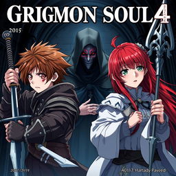 A dark fantasy anime cover titled "Grimon Soul 4" featuring two 18-year-old teenagers