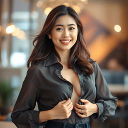 An Asian woman in a stylish setting, playfully unbuttoning her blouse to reveal her belly button