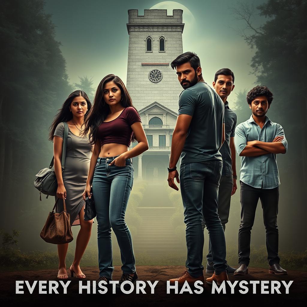 A cinematic horror comedy film poster titled 'Every History Has Mystery'