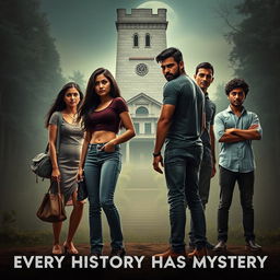 A cinematic horror comedy film poster titled 'Every History Has Mystery'