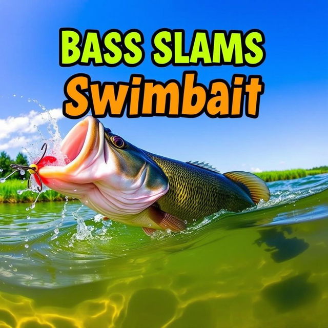 A large bass dramatically striking a colorful swimbait lure in the clear waters of a natural lake