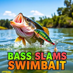 A large bass dramatically striking a colorful swimbait lure in the clear waters of a natural lake