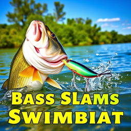 A large bass dramatically striking a colorful swimbait lure in the clear waters of a natural lake