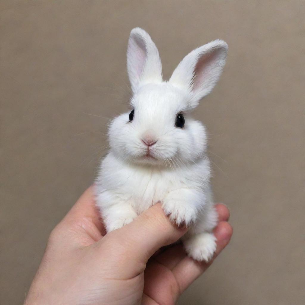 Tiny, white bunny named Luna, holding a mystery object delicately in her small paws.