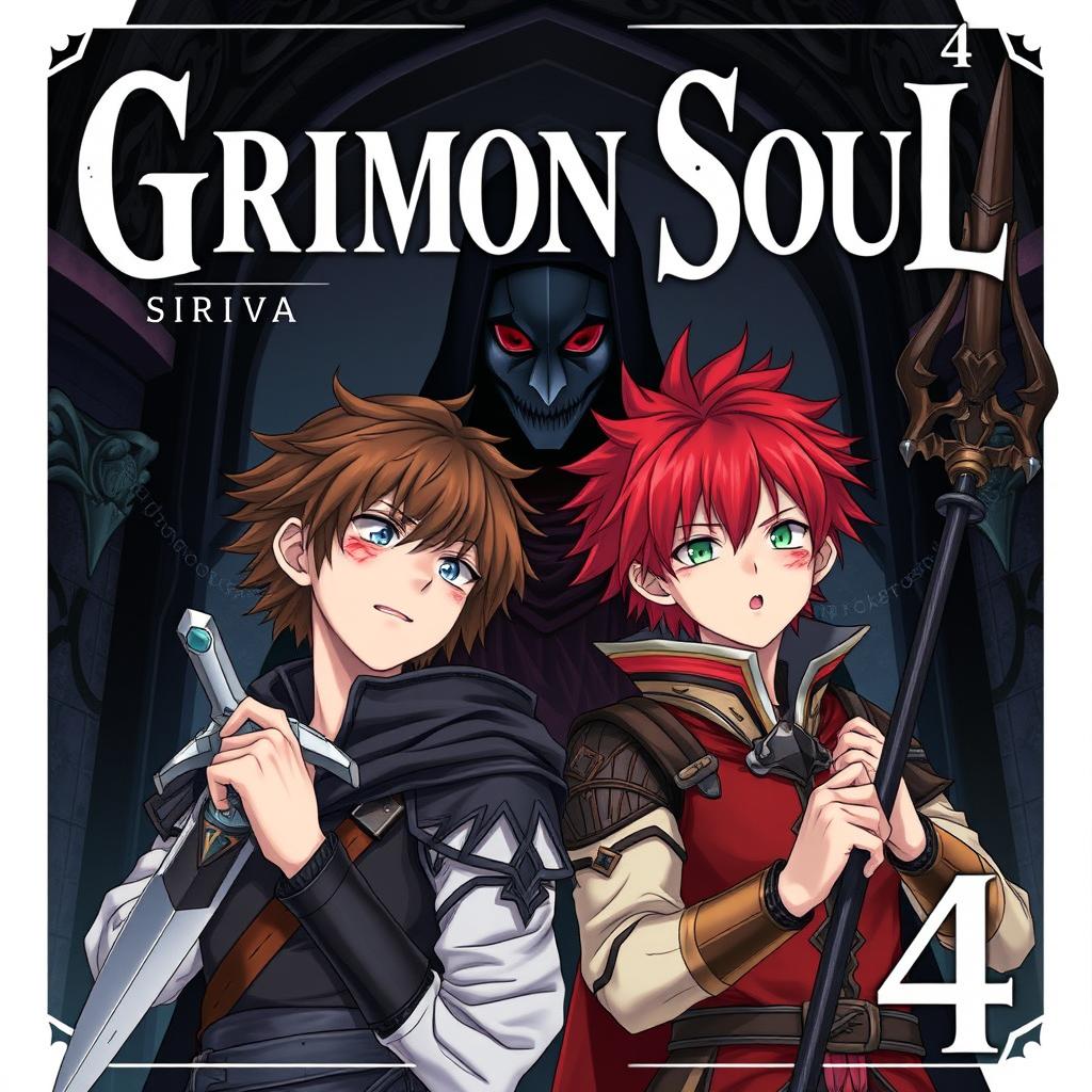 A dark fantasy anime cover titled "Grimon Soul 4" featuring two 18-year-old boys