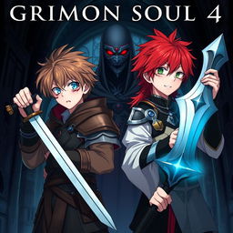 A dark fantasy anime cover titled "Grimon Soul 4" featuring two 18-year-old boys