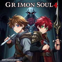 A dark fantasy anime cover titled "Grimon Soul 4" featuring two 18-year-old boys