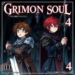 A dark fantasy anime cover titled "Grimon Soul 4" featuring two 18-year-old boys