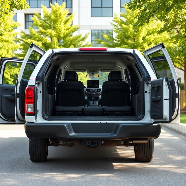 A three-row pick-up truck with a sleek white exterior and elegant black interior