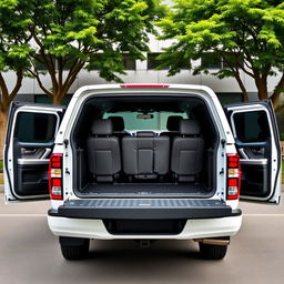 A three-row pick-up truck with a sleek white exterior and elegant black interior