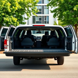 A three-row pick-up truck with a sleek white exterior and elegant black interior