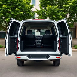 A three-row pick-up truck with a sleek white exterior and elegant black interior