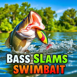 A large bass dramatically striking a colorful swimbait lure in the clear waters of a natural lake, capturing the thrilling moment of impact