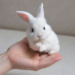 Tiny, white bunny named Luna, holding a mystery object delicately in her small paws.