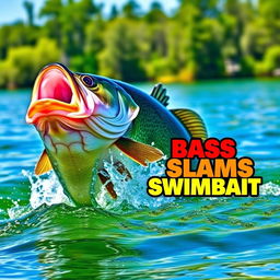 A large bass dramatically striking a colorful swimbait lure in the clear waters of a natural lake, capturing the thrilling moment of impact