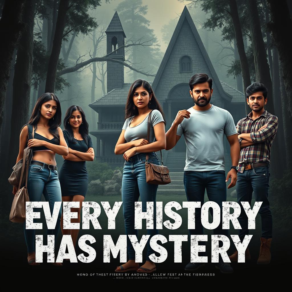 A cinematic horror comedy film poster titled 'Every History Has Mystery'